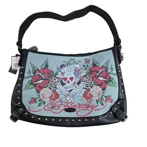Ed Hardy Love Kills Slowly Rhinestone Denim Hobo Bag EHH276-42-DMB New